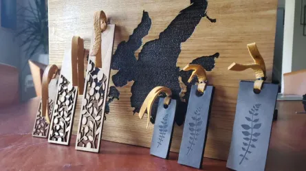 photo of a row of wood and leather bookmarks