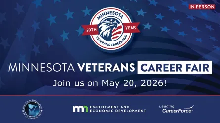 graphic with red, white and blue theme and words 'Minnesota Veterans Career Fair Join us May 20, 2026' with MDVA logo, DEED logo and Leading CareerForce logo