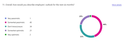 Among all 103 employer services staff survey responses, 45% of respondents indicated that the employers they work with have a somewhat or very pessimistic outlook about the upcoming 6 months, while 21% had an optimistic outlook. The question did not allow for comments regarding the reason for pessimism or optimism.