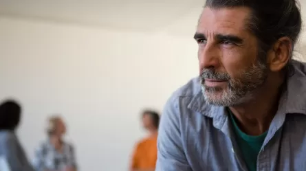 worried looking older man in work shirt