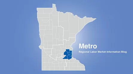 Minnesota regional map with metro area highlighted and words Metro Regional Labor Market Information Blog