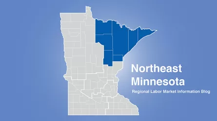 Minnesota regional map with Northeast MN area highlighted and words Northeast Minnesota Regional Labor Market Information Blog
