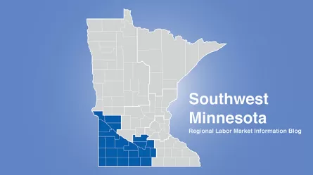 Minnesota regional map with Southwest MN area highlighted and words Southwest Minnesota Regional Labor Market Information Blog