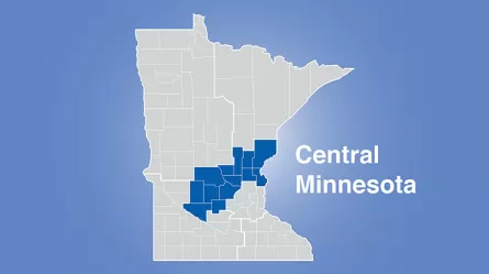 Minnesota map with central region highlighted and words Central Minnesota