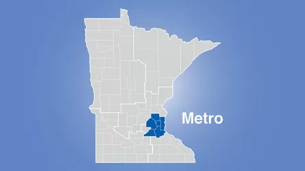 Minnesota map highlighting metro area with words Metro