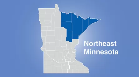 MInnesota map with northeast region highlighted and words Northeast Minnesota