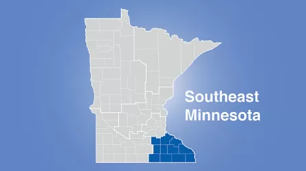 Minnesota map with southeast Minnesota region highlighted with words Southeast Minnesota
