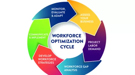 graphic of the Workforce Optimization Cycle showing the 6 stages: Assess Your Business, Project Labor Demand, Workforce Gap Analysis, Develop Workforce Strategies, Communicate & Implement, Monitor, Evaluate & Adapt