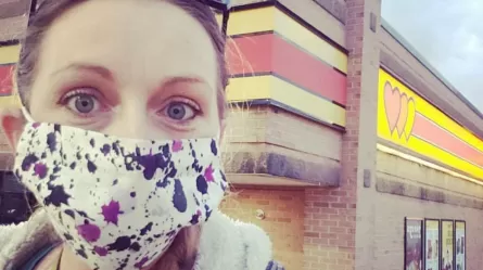 Bunni wearing mask at truck stop