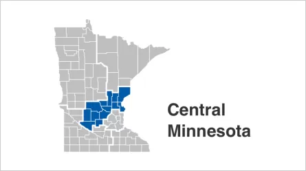 State of Minnesota map with Central counties highlighted in blue. Counties include  Benton, Chisago, Isanti, Kanabec, Kandiyohi, McLeod, Meeker, Mille Lacs, Pine, Renville, Sherburne, Stearns, Wright.