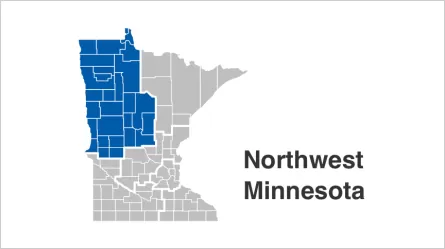 State of Minnesota map with Northwest counties highlighted in blue. Counties include  Becker, Beltrami, Cass, Clay, Clearwater, Crow Wing, Douglas, Grant, Hubbard, Kittson, Lake of the Woods, Mahnomen, Marshall, Morrison, Norman, Otter Tail, Pennington, Polk, Pope, Red Lake, Roseau, Stevens, Todd, Traverse, Wadena, Wilkin.