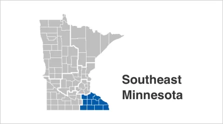 State of Minnesota map with Southeast counties highlighted in blue. Counties include Dodge, Fillmore, Freeborn, Goodhue, Houston, Mower, Olmsted, Rice, Steele, Wabasha, Winona.