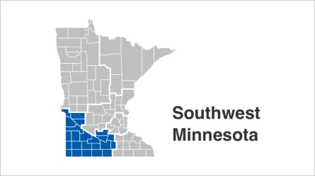 State of Minnesota map with Southwest counties highlighted in blue. Counties include  Big Stone, Blue Earth, Brown, Chippewa, Cottonwood, Faribault, Jackson, Lac qui Parle, Le Sueur, Lincoln, Lyon, Martin, Murray, Nicollet, Nobles, Pipestone, Redwood, Rock, Sibley, Swift, Waseca, Watonwan, Yellow Medicine.