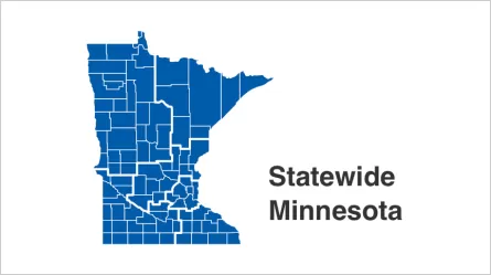 State of Minnesota map with all 87 counties highlighted in blue.