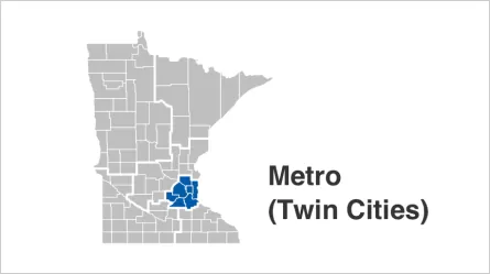 State of Minnesota map with Twin Cities Metro Area counties highlighted in blue. Counties include Anoka, Carver, Dakota, Hennepin, Ramsey, Scott, Washington.