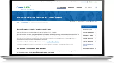 computer screen showing Virtual & Interactive Services page for career seekers on CareerForceMN.com