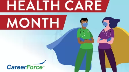image of Health Care Month logo with cartoon superheroes in health care uniforms
