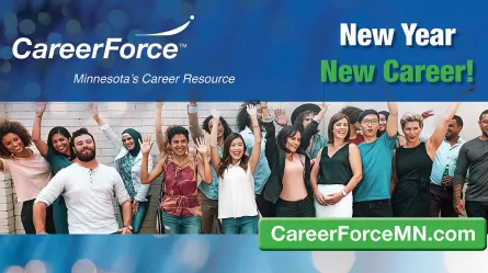 diverse happy people and words New Year New Career with CareerForce logo