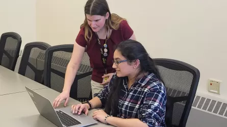 two people looking at a laptop