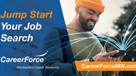 man looking at his phone with action lines coming out of phone and CareerForce branding