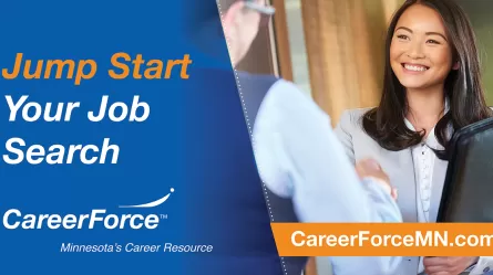 woman holding folder shaking a person's hand with CareerForce branding