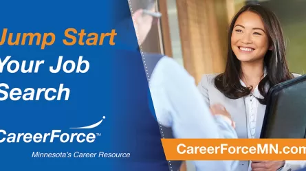 woman holding folder shaking a person's hand with CareerForce branding