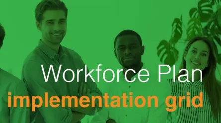 Workforce plan implementation grid in green with people in the background