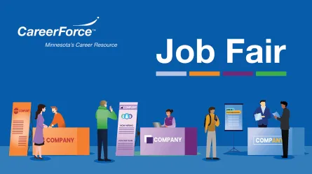 cartoon people at display tables and the words job fair with CareerForce logo