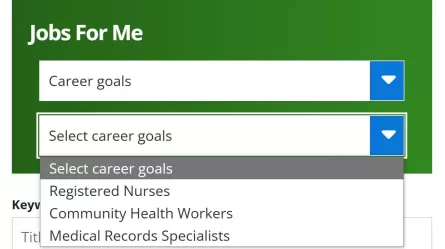 Screenshot of the "Jobs for Me" box on the Job Search page, a green rectangle with two drop-down menus. On the first drop-down menu, "Career goals" is selected. The second menu is expanded to show three career goal options.