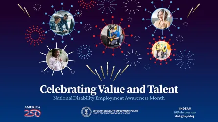 images of people in circle shapes on a star background with the words 'Celebrating Value and Talent National Disability Employment Awareness Month' and the 250th logo, U.S. Department of Labor logo, #NDEAM 80th anniversary dol.gov/ODEP