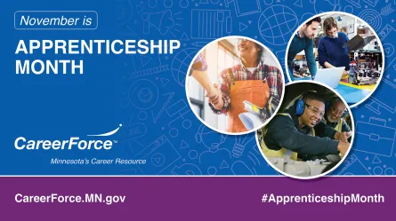 images of people in work settings inside circular graphics with the words 'November is Apprenticeship Month' and the CareerForce logo and CareerForce.MN.gov and #Apprenticeship Month