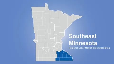 Minnesota regional map with southeast Minnesota area highlighted and words Southeast Minnesota Regional Labor Market Information Blog