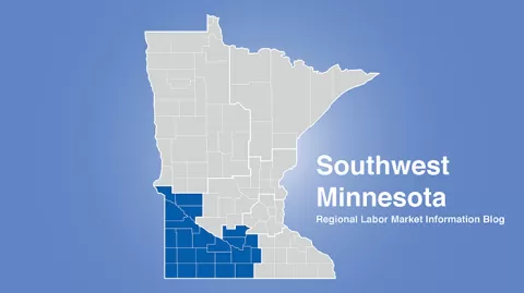 Minnesota regional map with Southwest MN area highlighted and words Southwest Minnesota Regional Labor Market Information Blog