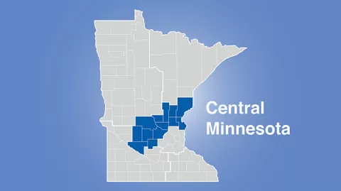 Minnesota map with central region highlighted and words Central Minnesota