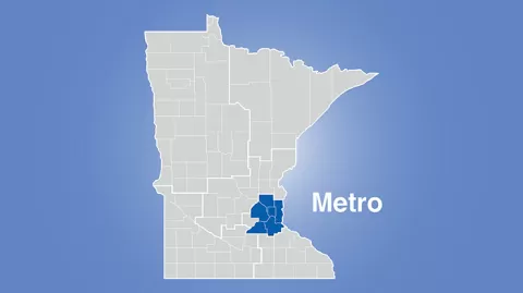 Minnesota map highlighting metro area with words Metro