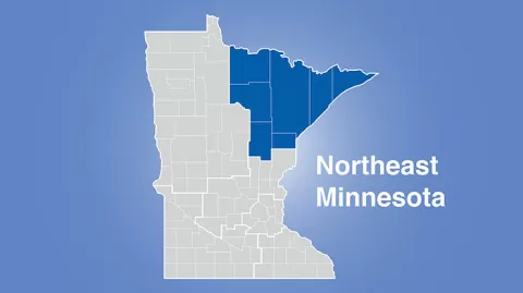 MInnesota map with northeast region highlighted and words Northeast Minnesota