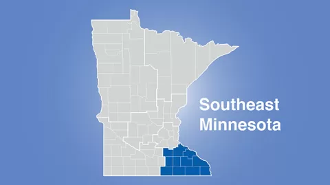 Minnesota map with southeast Minnesota region highlighted with words Southeast Minnesota