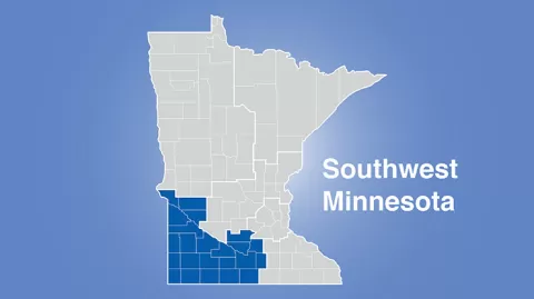 Minnesota map with map showing southwest Minnesota and words Southwest Minnesota