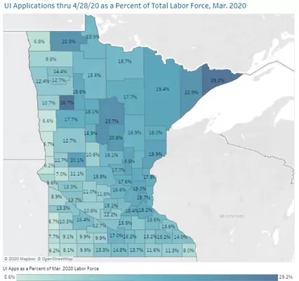 Map with key of UI applications as share of total county labor force through April 28, for more information contact Erik White (erik.white@state.mn.us) at 218-333-8253.