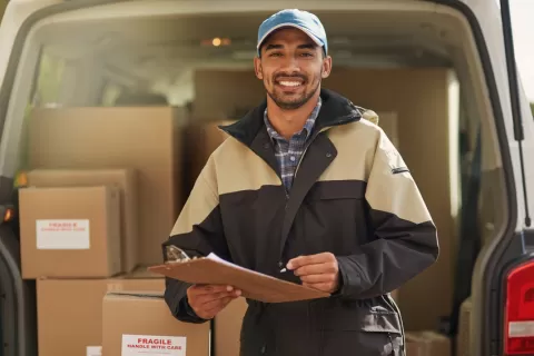 Delivery worker standing with a van loaded with boxes behind them.
