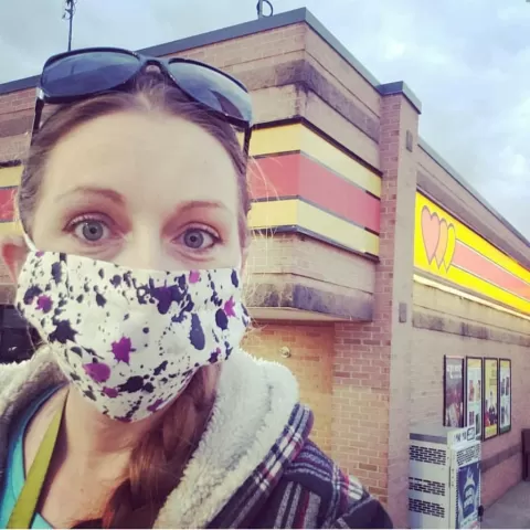 Bunni wearing mask at truck stop