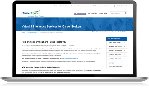 computer screen showing Virtual & Interactive Services page for career seekers on CareerForceMN.com