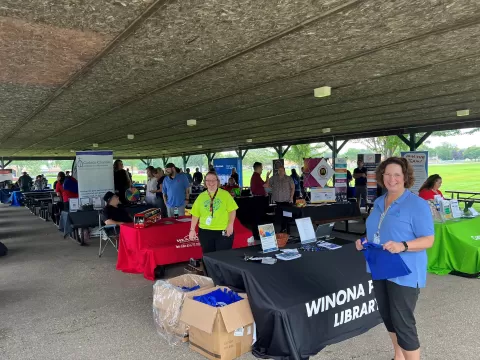 People at the Winona Library CareerForce outdoor job fair