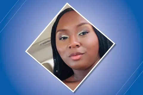 Jasmine's photo on a blue background