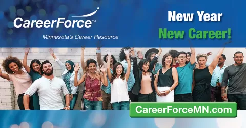 diverse happy people and words New Year New Career with CareerForce logo