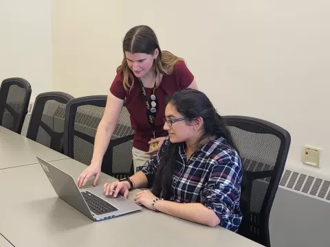 two people looking at a laptop