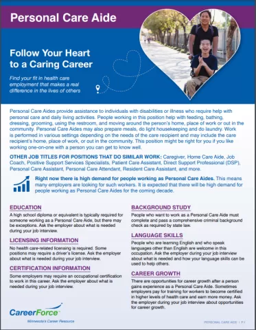image of Personal Care Aide flyer posted here: https://mn-careerforce-prod-files.s3.us-gov-west-1.amazonaws.com/files/2023-04/PCA%20Careers%20handout_ACC_fillable%204-21-23.pdf