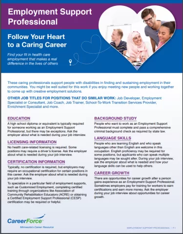 image of Employment Support Professional handout linked here: https://mn-careerforce-prod-files.s3.us-gov-west-1.amazonaws.com/files/2023-04/Employment%20Support%20Professional%20Careers%20handout_ACC%20fillable%204-25-23.pdf