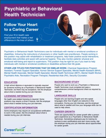 image of Psychiatric or Behavioral Health Technician handout posted here: https://mn-careerforce-prod-files.s3.us-gov-west-1.amazonaws.com/files/2023-04/Psychiatric%20or%20Behavioral%20Health%20Technician%20Careers%20handout_ACC%20fillable%204-26-23.pdf