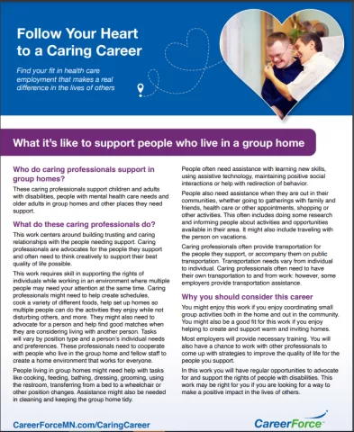 What it's like supporting people who live in group homes image with Follow Your Heart to a Caring Career and CareerForce branding